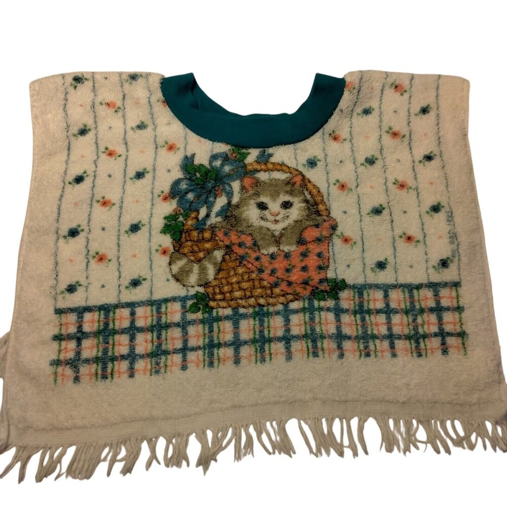 Vintage Baby Bib Cambridge Kitty Cat Basket Fringe White Cotton Terry Cloth